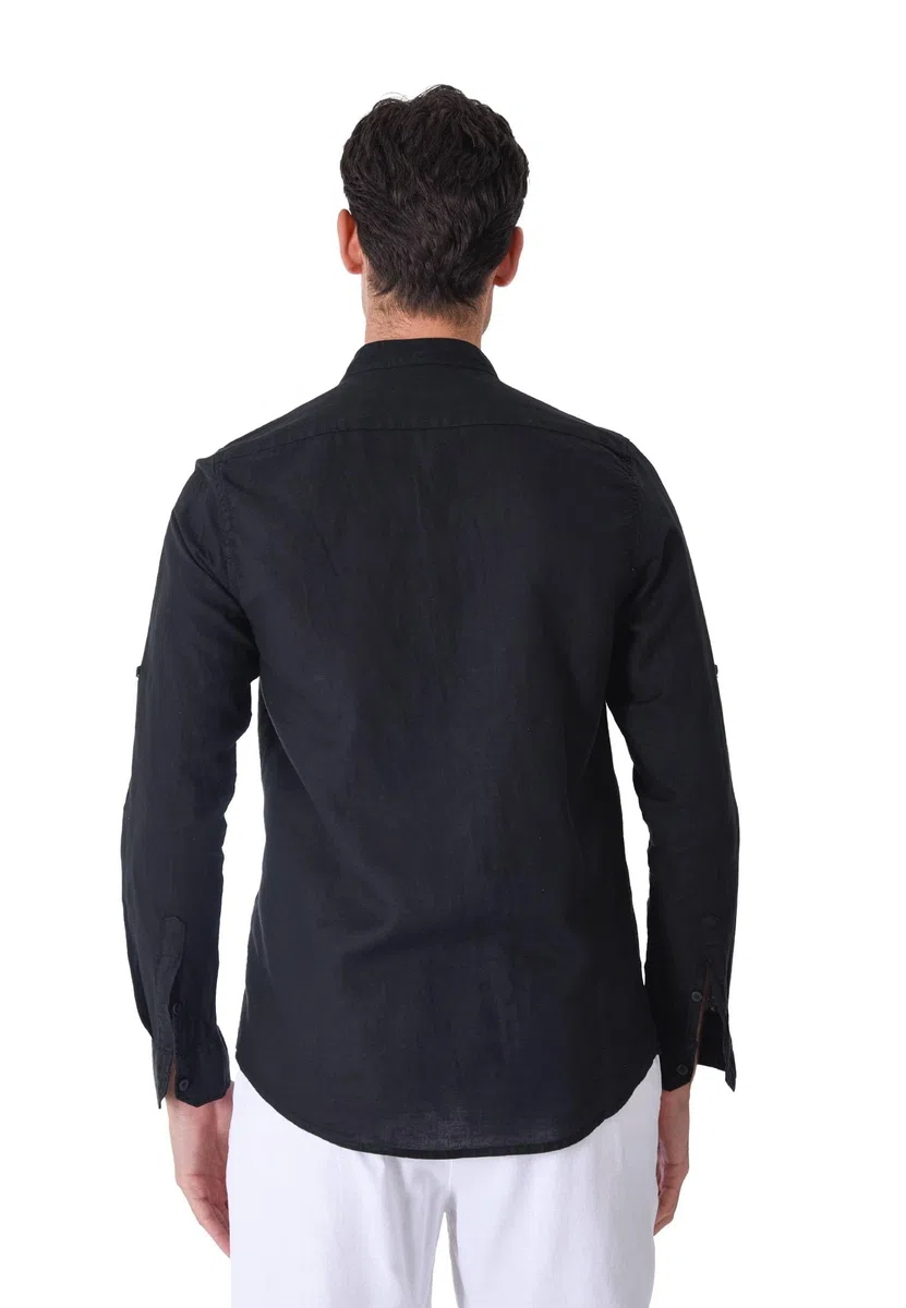 Camisa de hombre 100% lino cuello coreano blanco azul beige celeste negro rosa verde manga larga verano Slim Fit Serafino Sartorial Mangas revolables Negro L