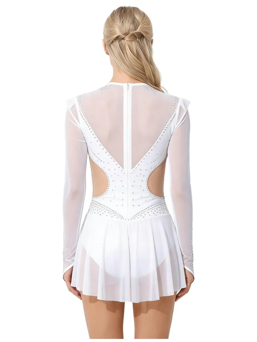Traje Patinaje sobre Hielo Mujer Traje Baile con Brillo Ballet Patinaje sobre Ruedas con Manga Larga Malla Bailarina Danza Latina Rumba Tango Baile Hielo