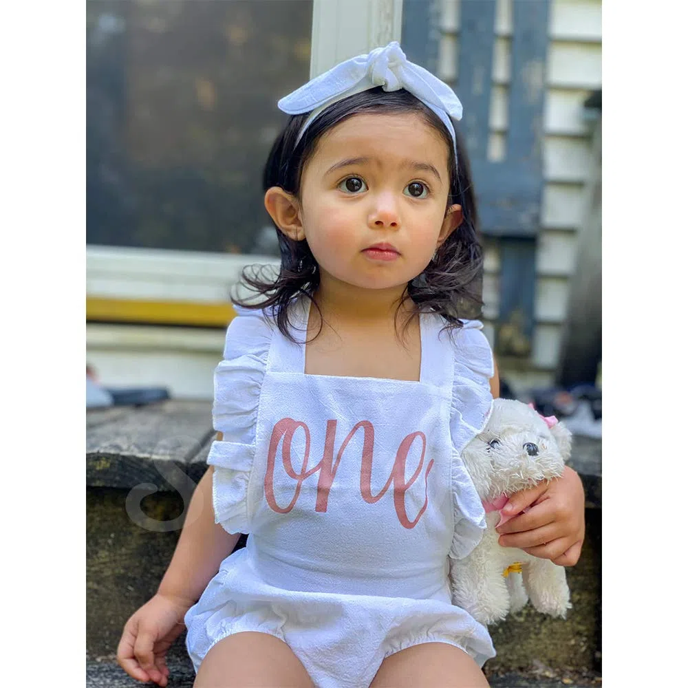 Shalofer Traje de primer cumpleaños para niña con diadema, Blanco, 12-18 Months