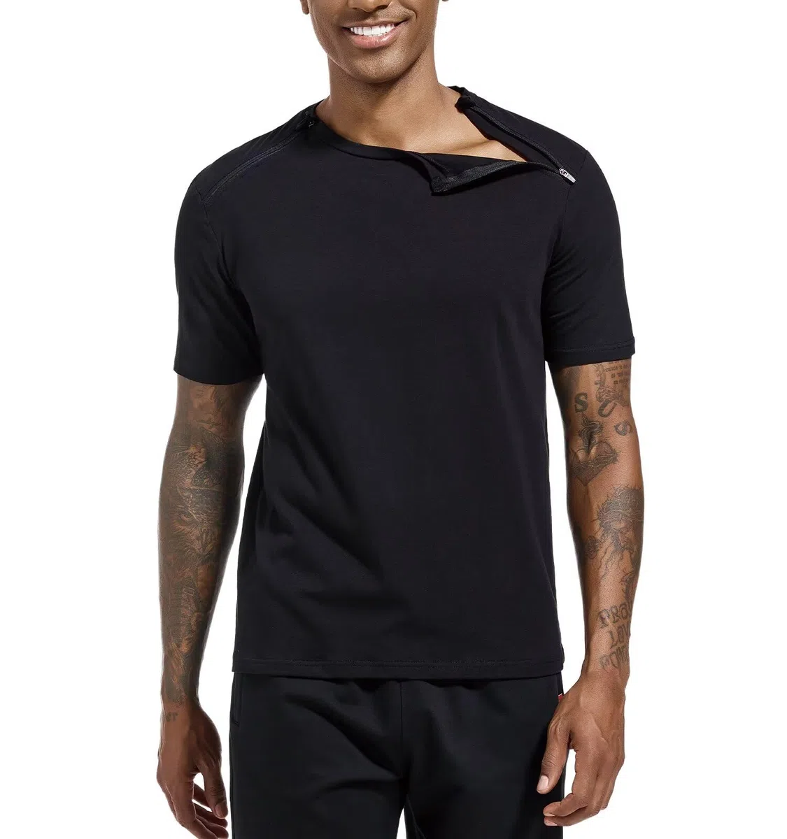 Landofgenie Camisetas Deportivas Unisex después de cirugía de Hombro para Hombre y Mujer, Camiseta Funcional con Cremalleras Laterales Izquierda y Derecha, Camisetas Activewear, Negro