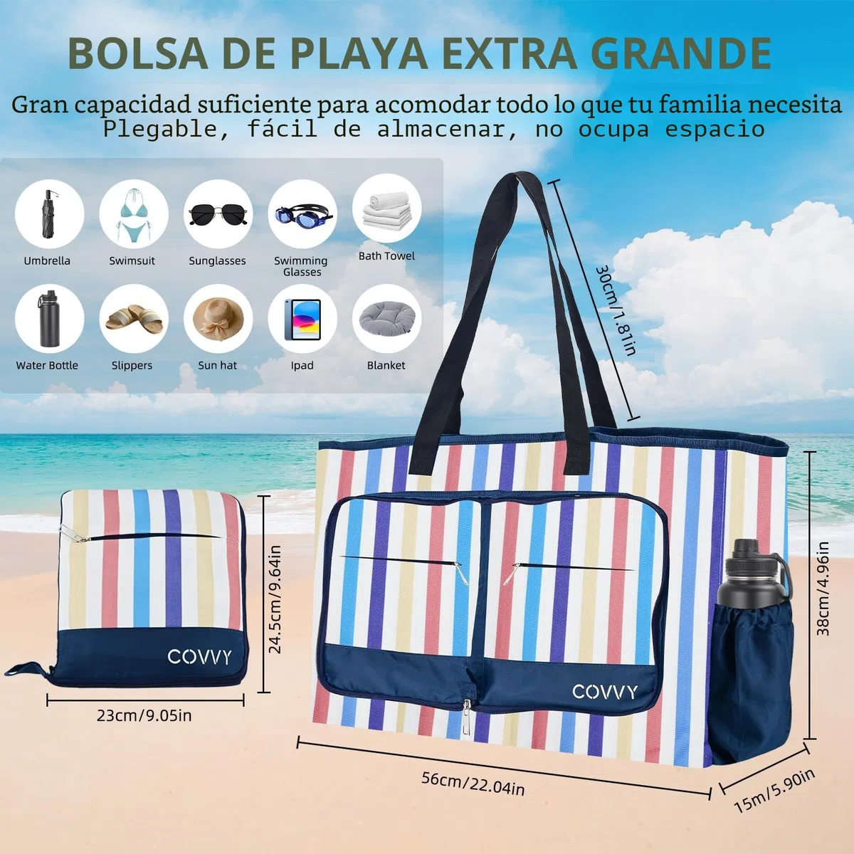 Bolso de playa COVVY, extra grande para mujer, con cierre de cremallera, impermeable, con funda para teléfono, abrebotellas, múltiples bolsillos, resistente al agua, a prueba de arena, plegable