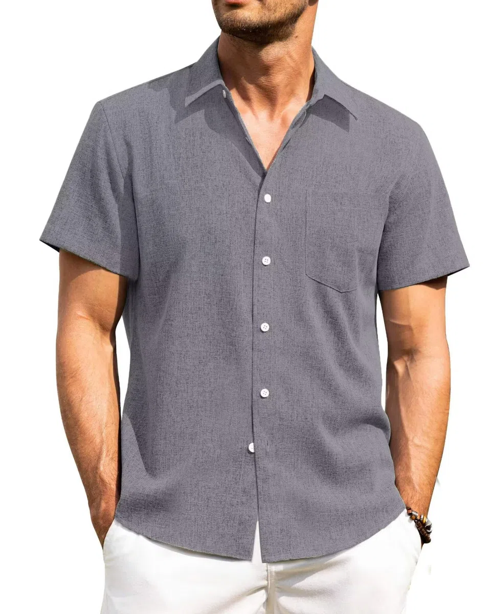 Camisa Lino Hombre Manga Corta Verano Casual con Bolsillo