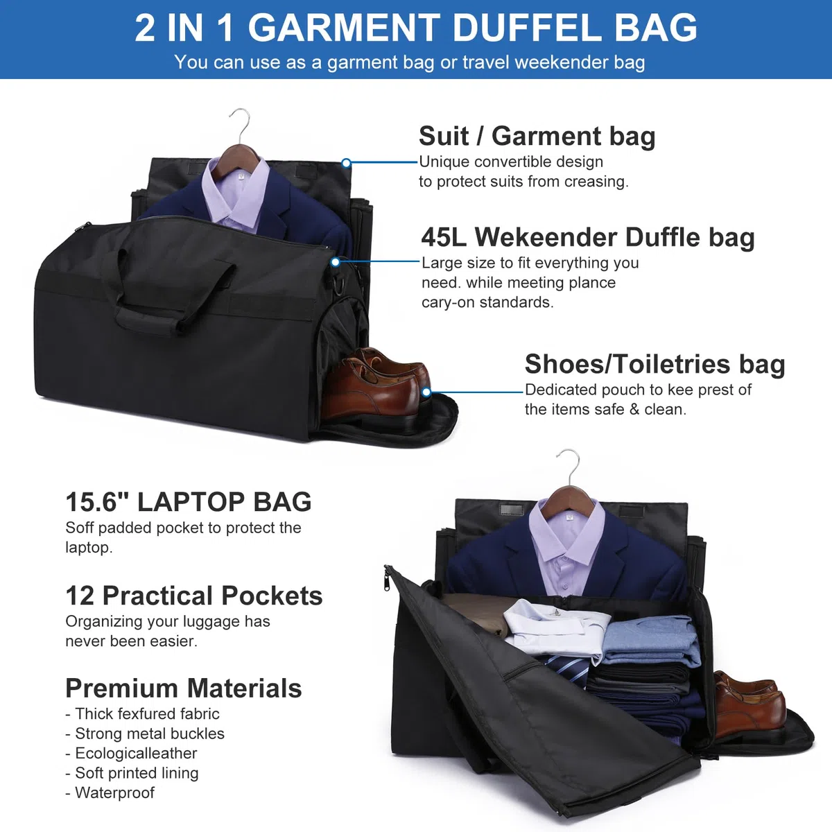 Bolsa Portatrajes Funda de Viaje para Traje Bolso Porta Trajes Ropa Vestidos con Correa para el Hombro Ajustable, Bolso Weekender Porta Trajes 2en1, Porta Traje para Hombre, Equipaje de Mano, Negro