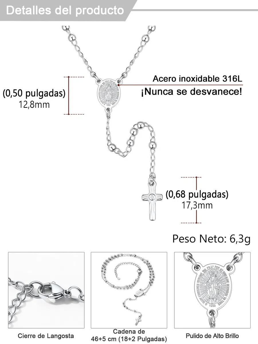 U7 Collar de Mujer y Hombre Rosario Medalla Milagrosa y Crucifijo Perlas de 3mm/6mm en Acero Inoxidable Color Plata Oro Negro Rosa con Libro de Oraciones, Manual y Caja de Regalo