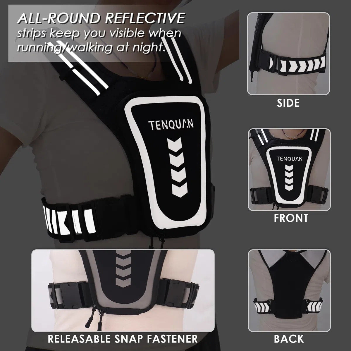 Chaleco para correr, chaleco reflectante ajustable para teléfono con bolsa impermeable y soporte para llaves, chalecos ligeros para correr para hombres y mujeres (negro)