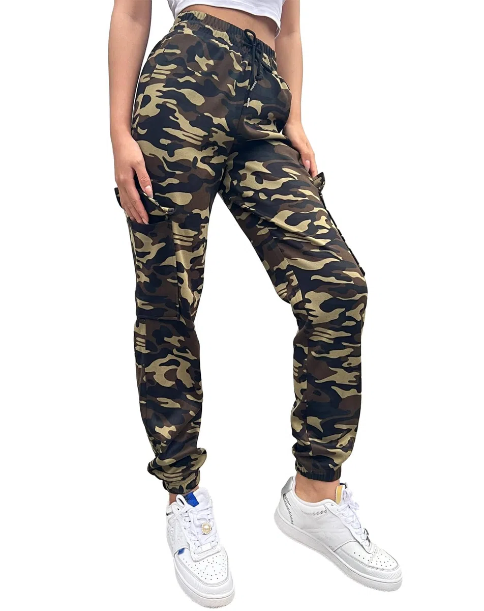 Nuofengkudu Joggers Camuflaje Pantalon Deportivo Mujer Elastico Cintura Alta con Cordon Cargo Bolsillos Tobilleros Harem Pantalones de Chándal Deporte Adolescente Jogging Casual