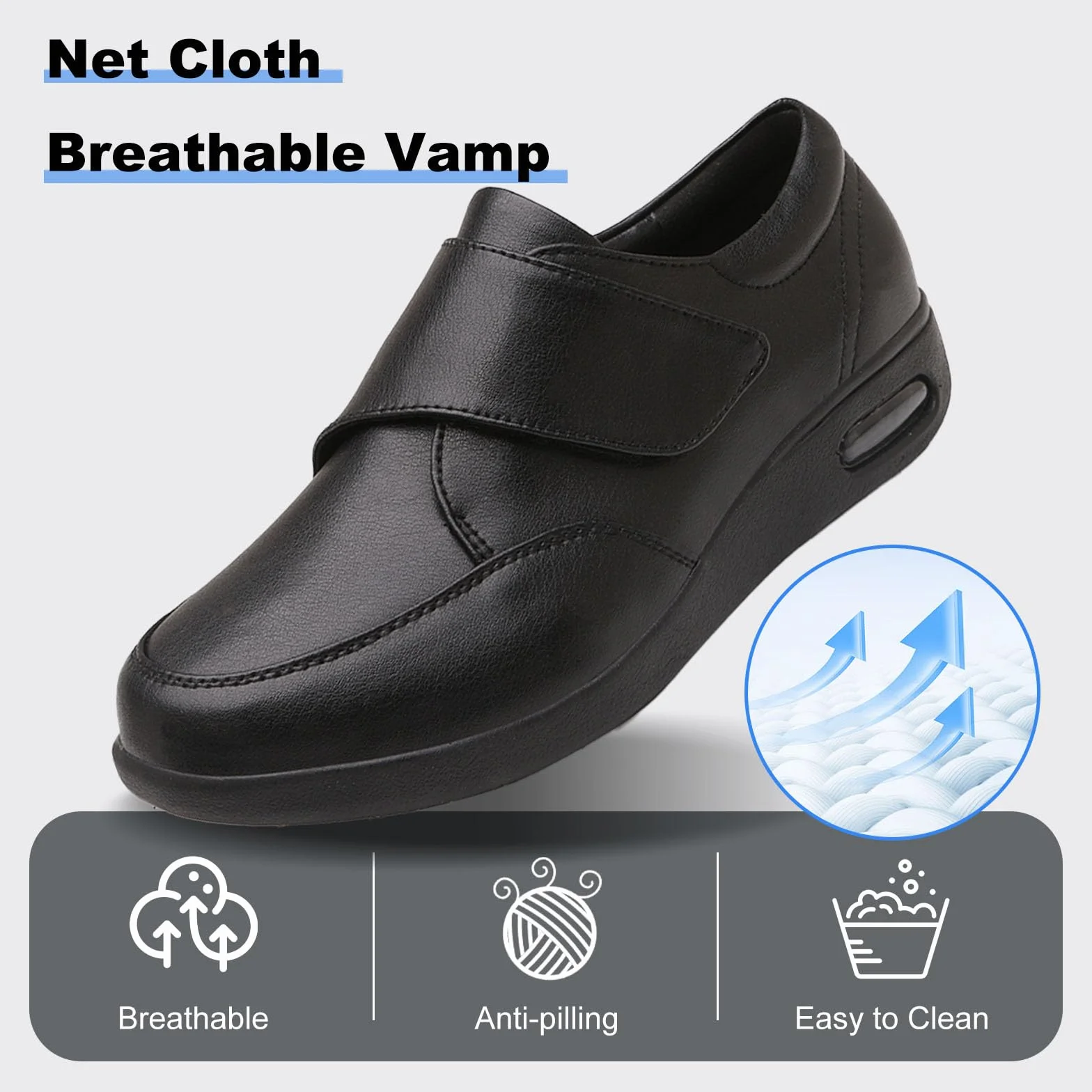 Zapatos para diabéticos, zapatos de cuero extra anchos para caminar, con cierre ajustable, antideslizantes, ligeros, ortopédicos, para ancianos, pies hinchados, pulgar, valgus, negro, 43 EU