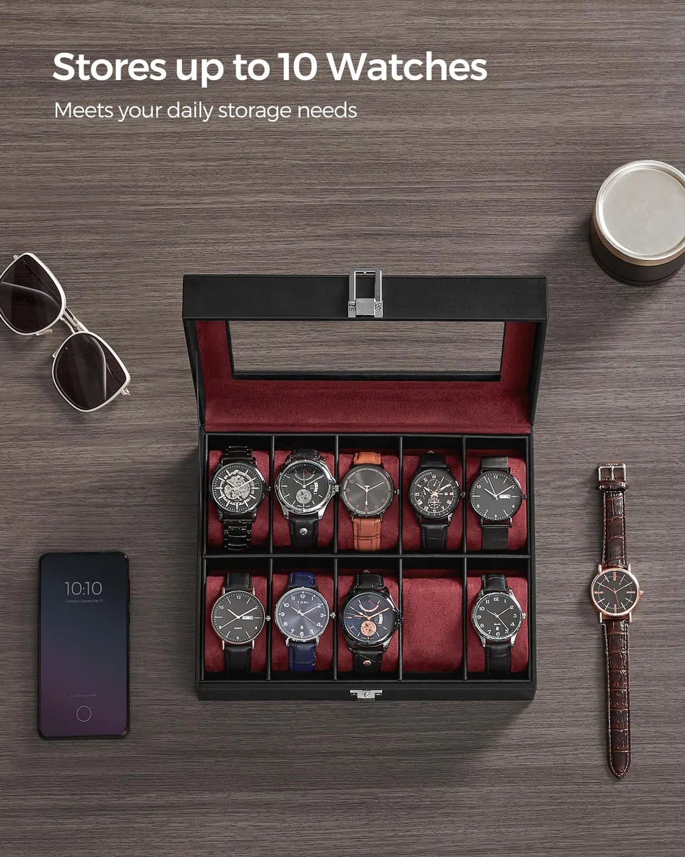 SONGMICS Caja de reloj, caja de reloj de 10 ranuras con tapa de cristal grande, almohadas de reloj extraíbles, organizador de caja de reloj, regalo para seres queridos, cuero sintético negro, forro
