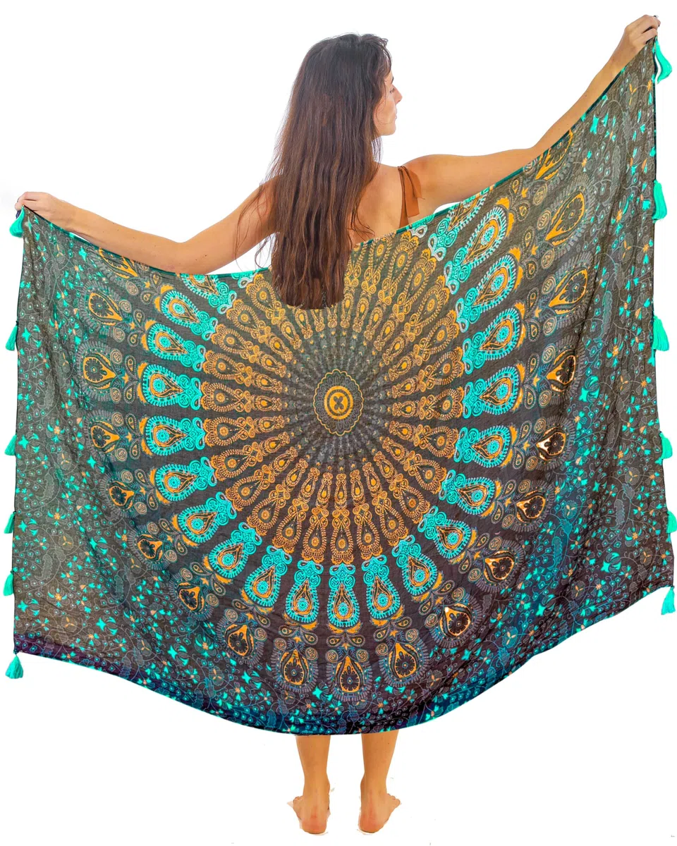 Pareo/Sarong/Cubrebos Boho Mandala con borlas - Algodón Supersuave y Ligero, Estampado de Pavo Real Indio Grande