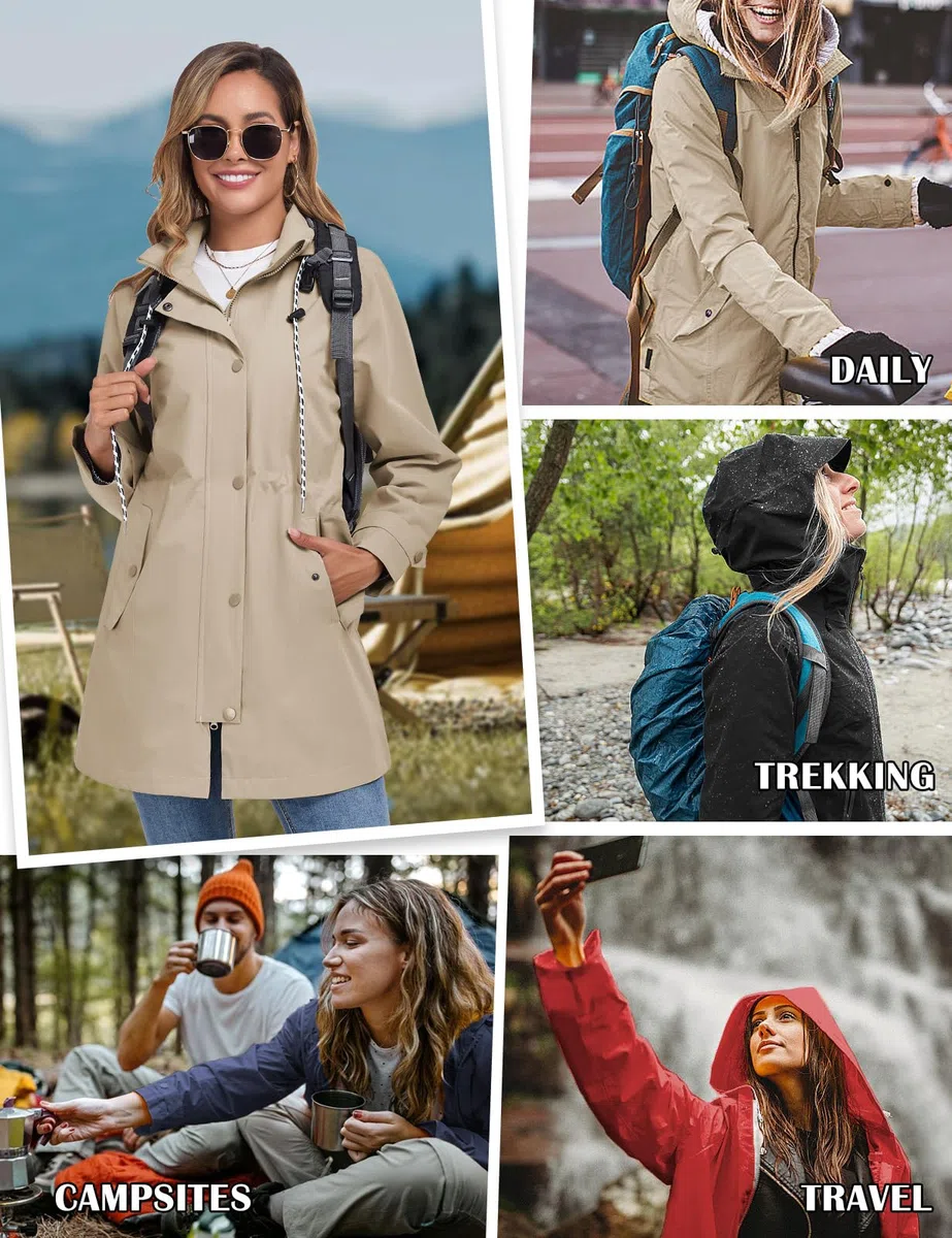 Chubasquero Mujer Impermeable Ligera Chaqueta lluvia Cortavientos con Capucha y Cremallera Abrigo Impermeables Primavera Otoño Gabardina para Exteriores