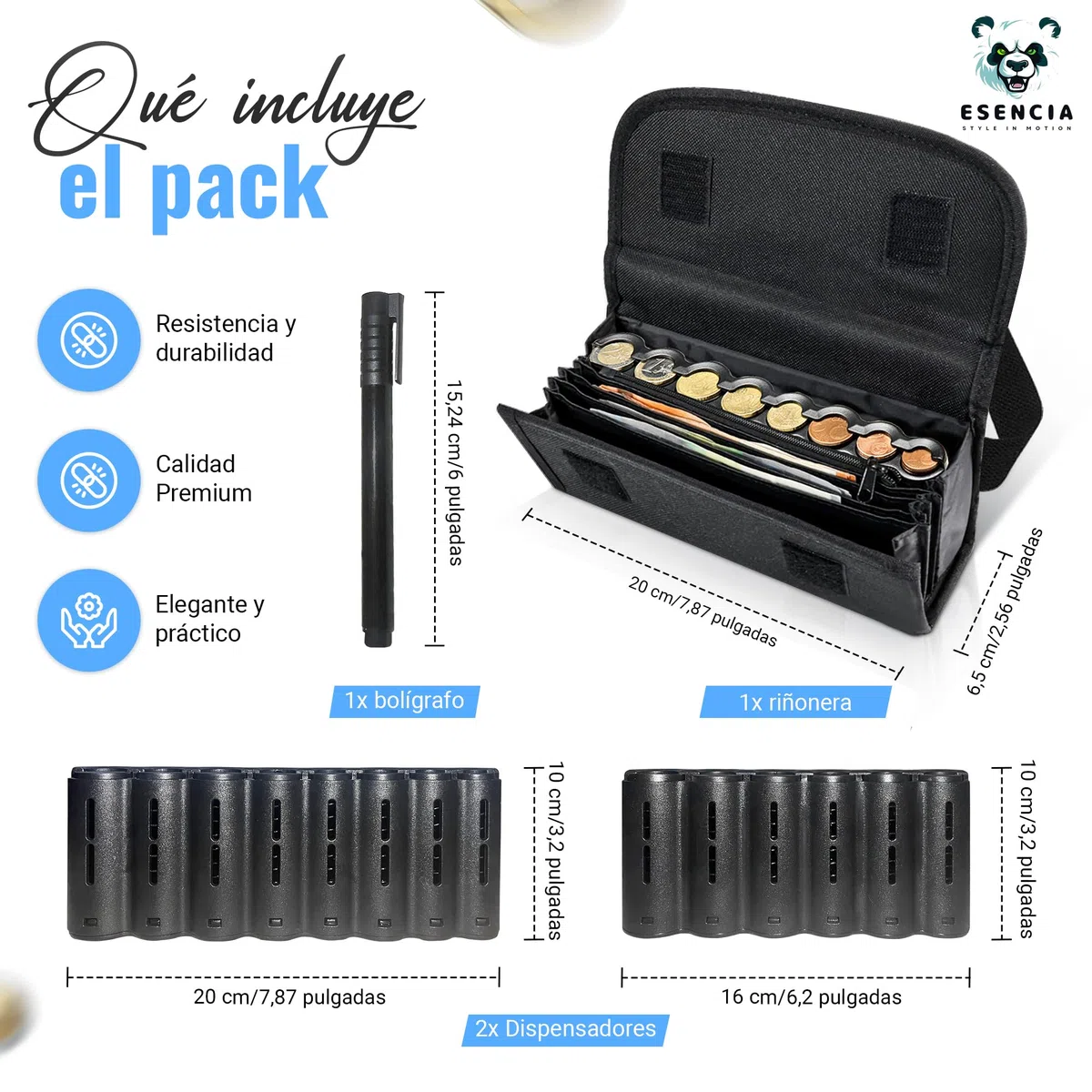 Pack de Riñonera con 2 Dispensadores de Monedas y Bolígrafo Detector Billetes Falsos: Riñonera Camarero, Portamonedas Taxi, Organizador de Billetes, Clasificador de Monedas y Organizador monedas.