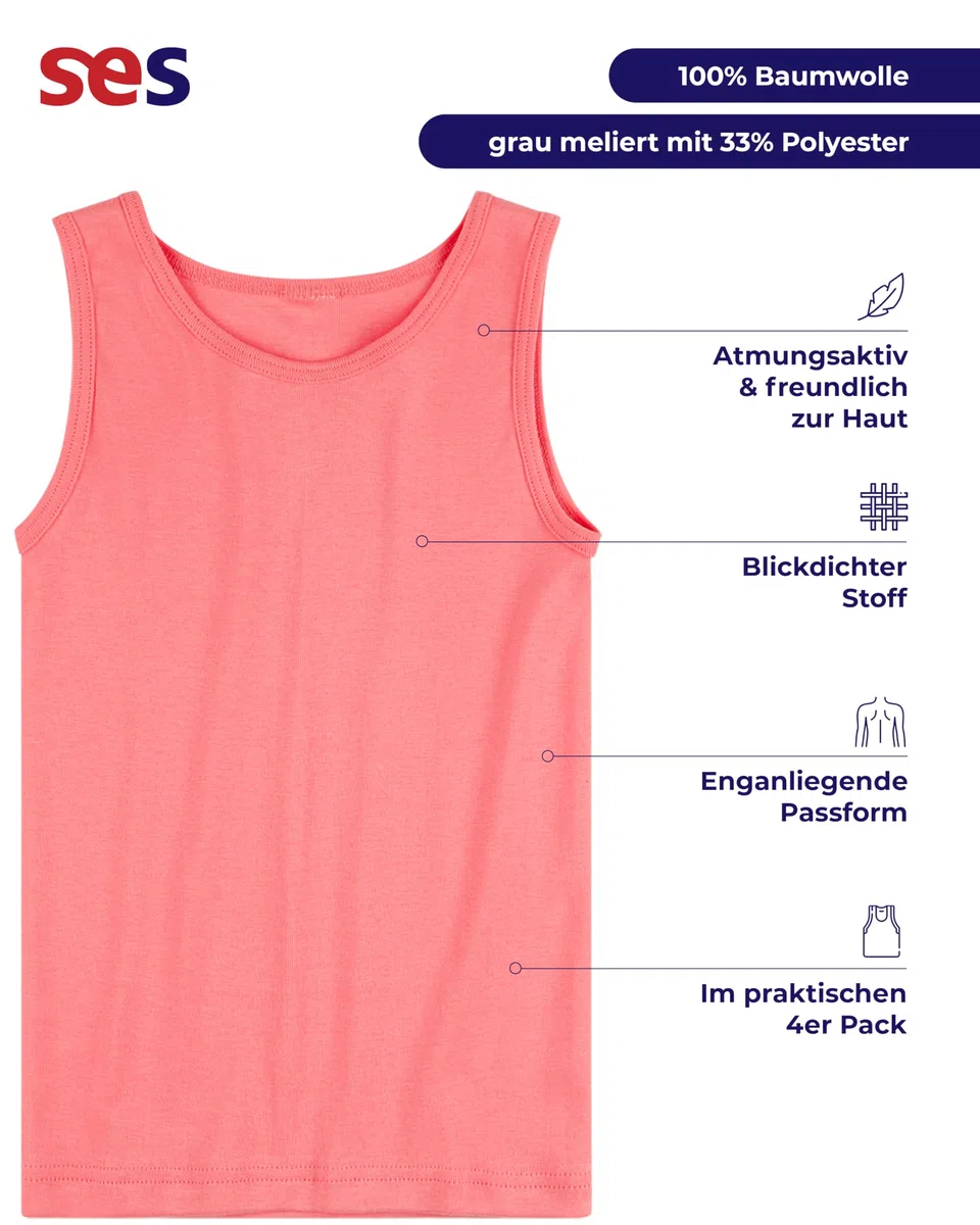 SES Pack de 4 camisetas interiores de algodón para niña