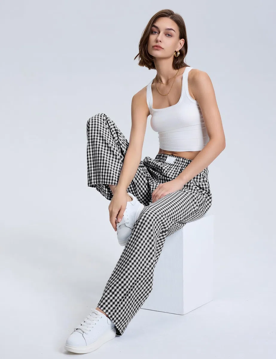 Rapbin Pantalones de pijama para mujer, largos de verano 2026, de algodón, a cuadros, pantalones de dormir suaves y casuales con bolsillos