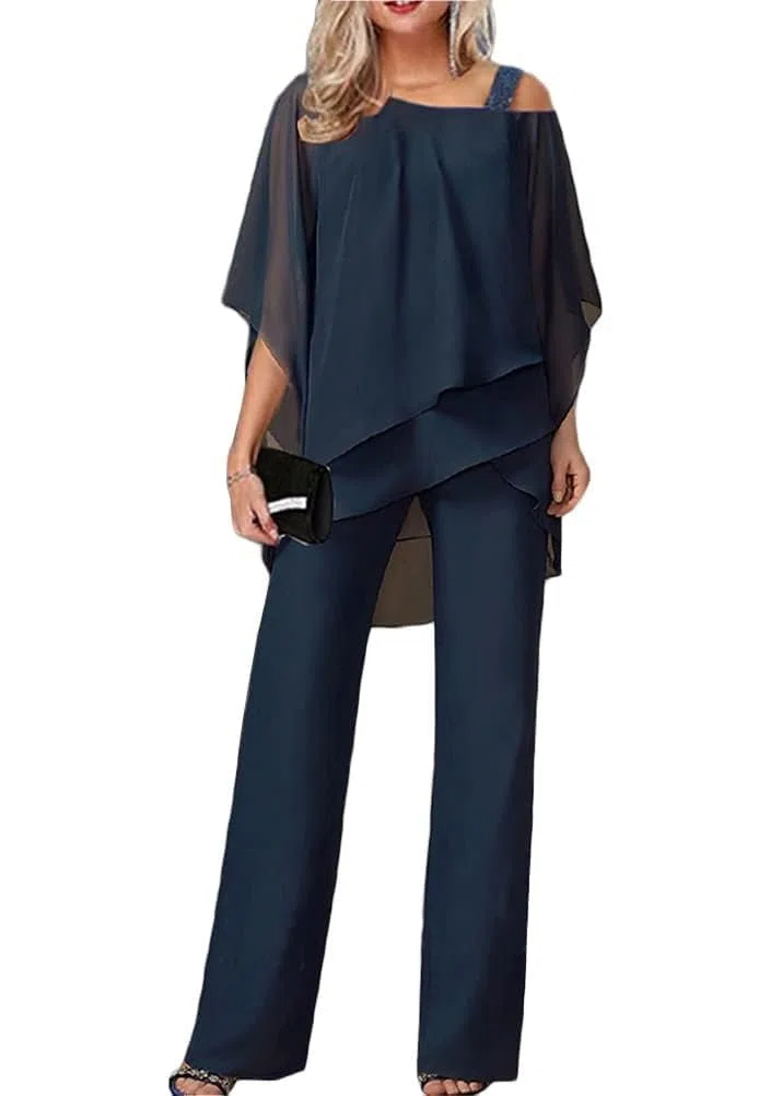 Generisch Traje de pantalón para mujer, elegante, vintage, juego de 2 piezas, traje de noche con tul, camiseta de gasa de dos piezas, camiseta de gasa y cintura alta, cóctel festivo, traje de pantalón