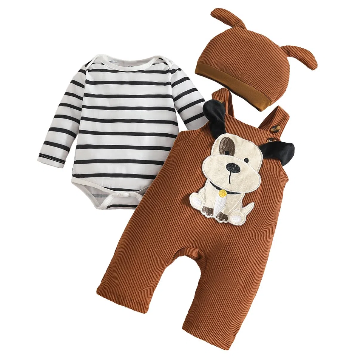 Ropa de Bebé Recién Nacidos Manga Larga Pelele de Rayas + Mono Pantalones con Tirantes y Dibujos de Animales + Gorro 3 Piezas Otoño Conjuntos