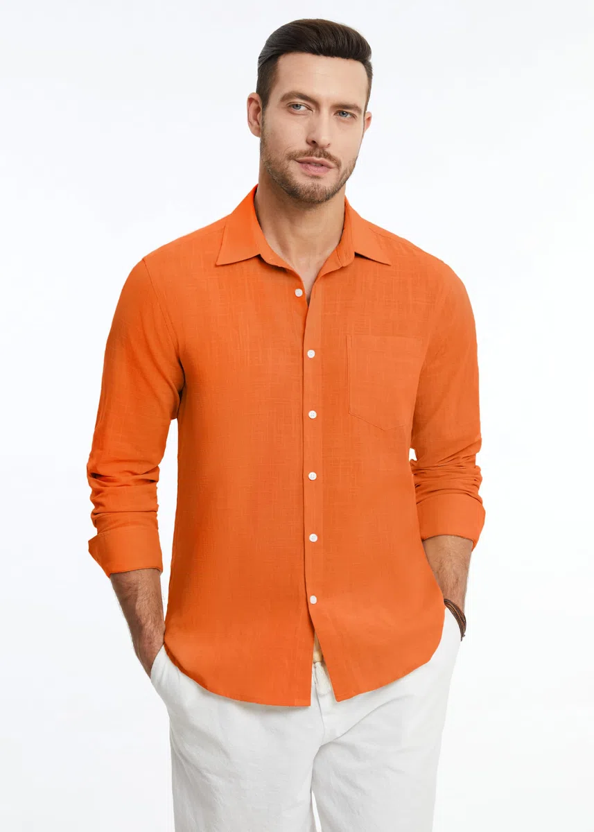HISDERN Camisas de Lino y Algodón para Hombre Manga Larga Ligeras Verano Lino Camisa de Ajuste Regular Abotonadas Casual Shirt con Bolsillo