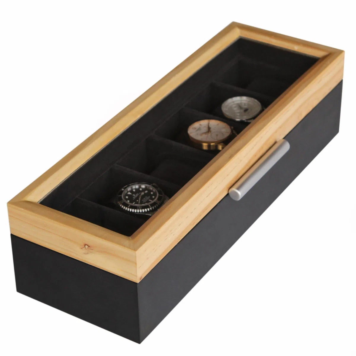 Case Elegance Caja Moderna para Relojes de Dos Tonos Pino y Gris Oscuro con Asa de Aluminio de 6 Ranuras con Vidrio Real | Caja de reloj, mango de aluminio moderno, parte superior de cristal real