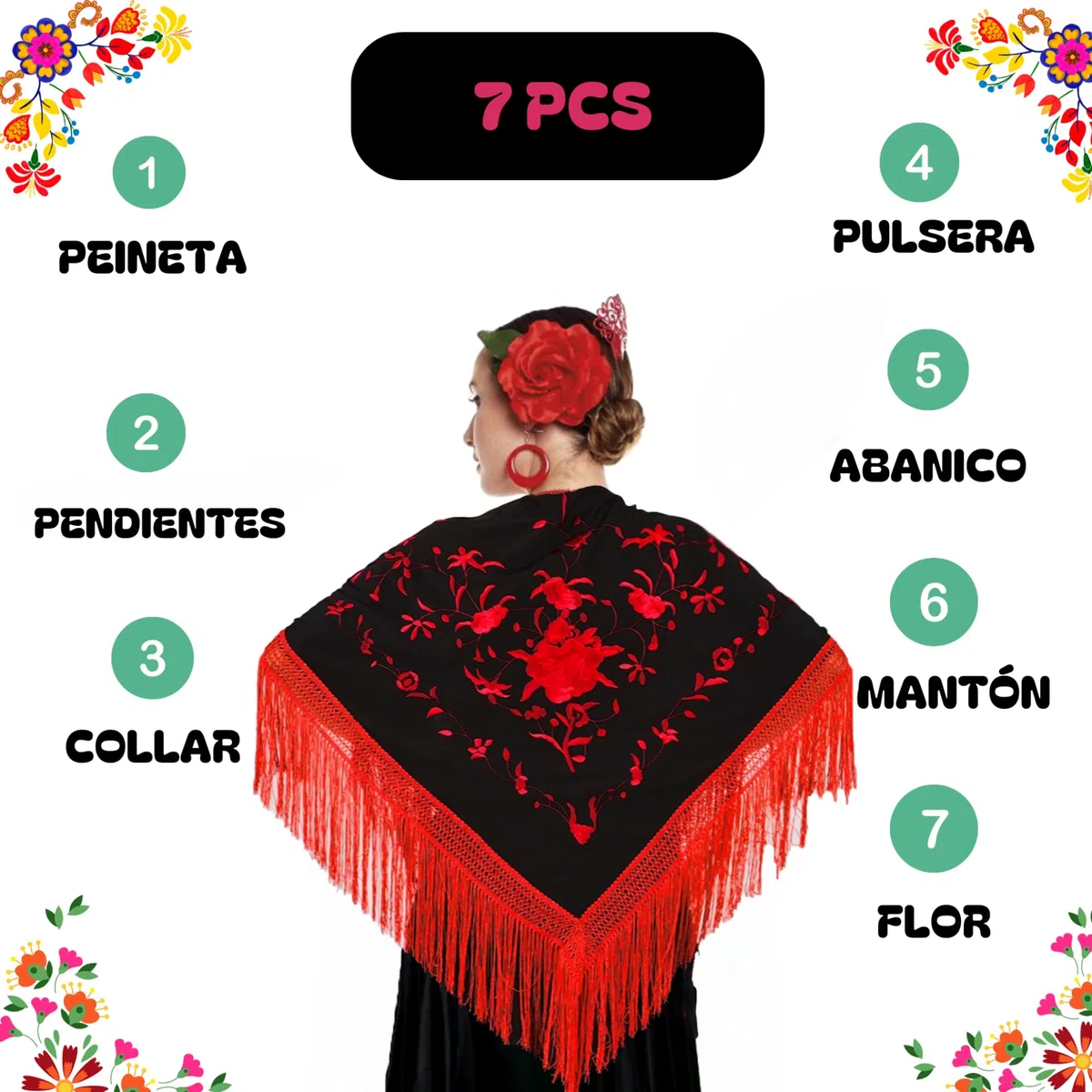 Manton de Manila Mujer Flamenca, Manton Bordado+Rosa para el Pelo+Abanico Flamenco+Peineta+ Pendientes+ Pulsera