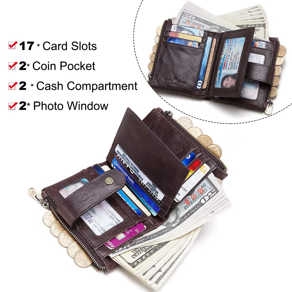 REETEE Carteras para Hombre Billetera de Piel con RFID Bloqueo Billeteras Hombre y Monedero con Cremallera, Monedero Hombre Pequeño19 Ranuras para Tarjetas y Cartera Hombre con Cadena
