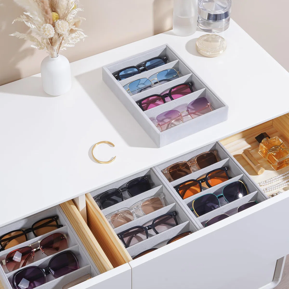 Lolalet Bandeja Organizador de Gafas de Sol, 8 Compartimentos para Gafas de Ante, Estante de Almacenaje para Gafas de Sol para Mujeres y Hombres