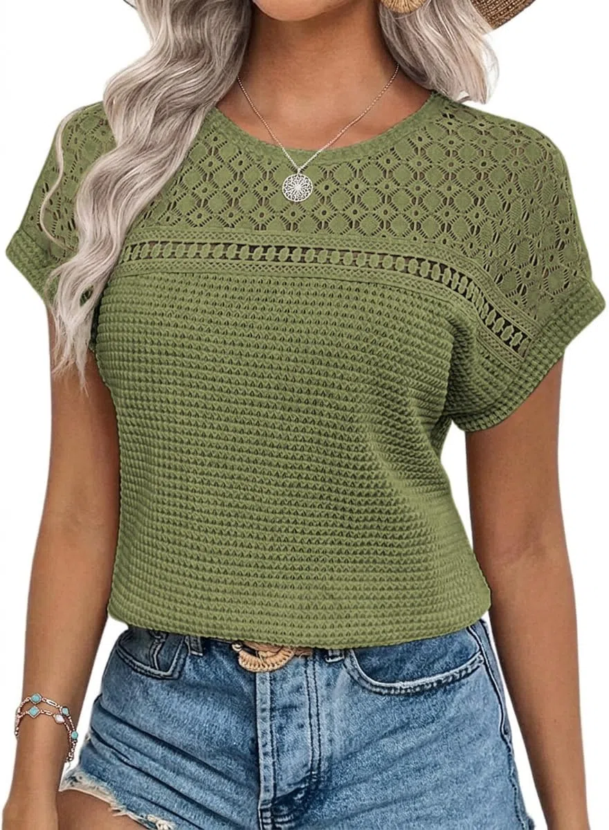 Chicrise Camisetas Manga Corta Mujer Verano Blusa Encaje Cuello Redondo Top Waffle Corte Holgado