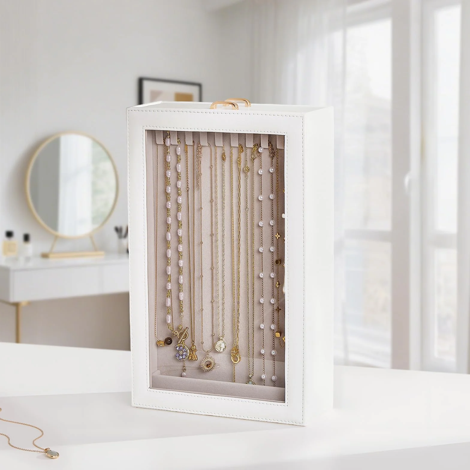 Lolalet Organizador de Collares Vertical，Caja para Collares con 2 Cajones Extraíbles,2 Capas y 20 Ganchos,Almacenamiento Antienredos para Collares,Pulseras y Accesorios,Ocupa Poco Espacio-Blanco