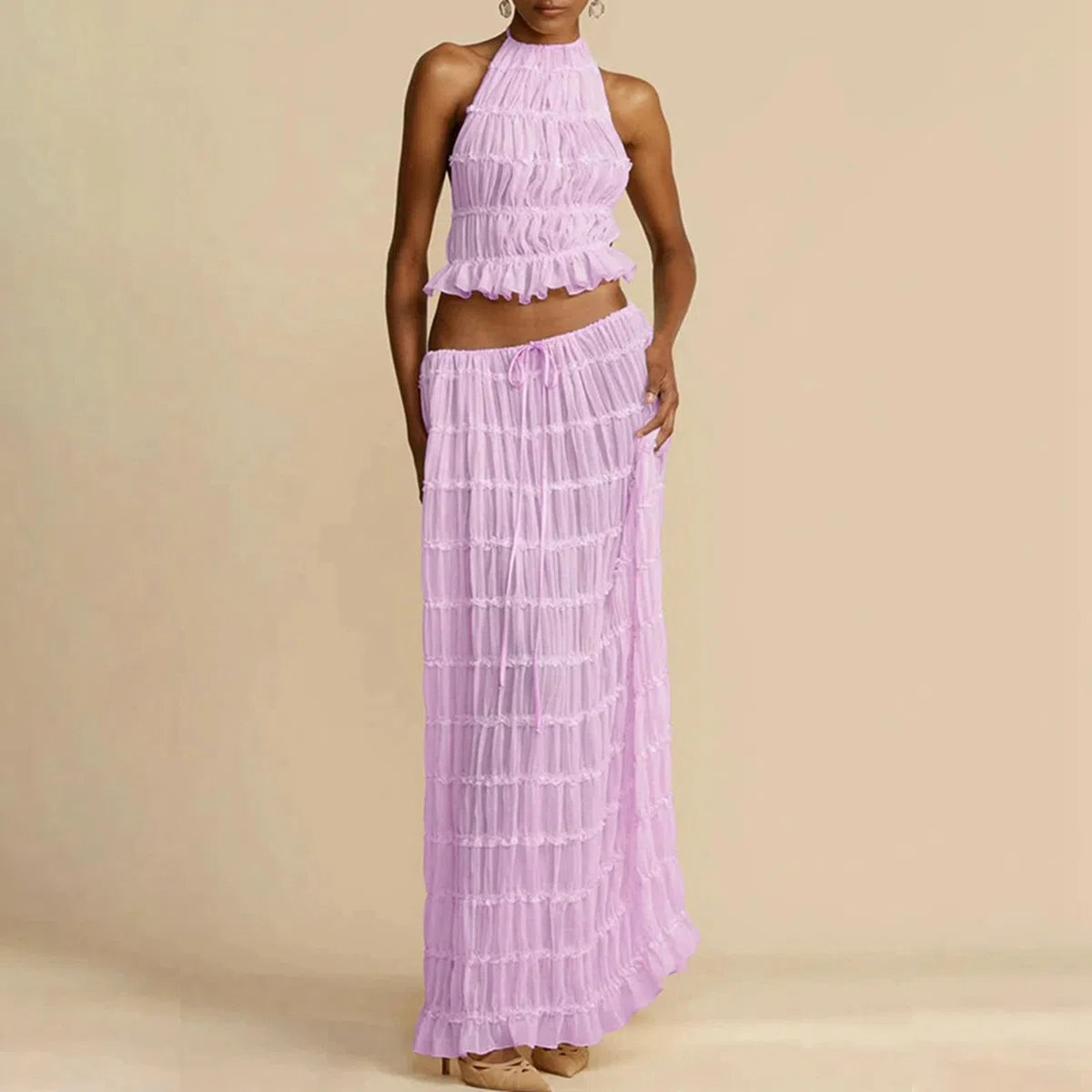 Vestido de verano 2026 elegante de gasa plisada con cuello y cuentas de madera para mujer, vestido de invitada de boda, vestido de fiesta