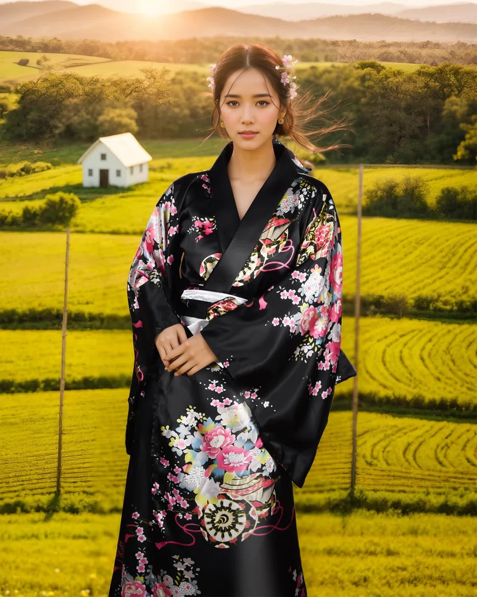 PLULON 5 uds bata japonesa Geisha Yukata vestido flor albornoz de satén con bolsa con cordón abanico de mano horquilla Tabi conjunto de calcetines