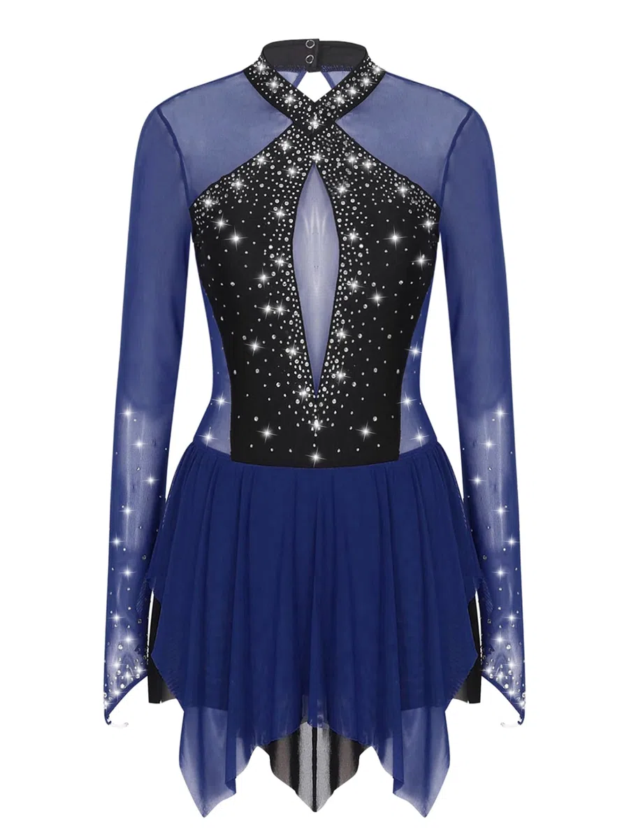 Resplandecer Patinaje Artístico Vestido Señoras Manga Larga Vestido De Estilo Libre Diamantes De Imitación Patinaje sobre Ruedas Leotardo Traje