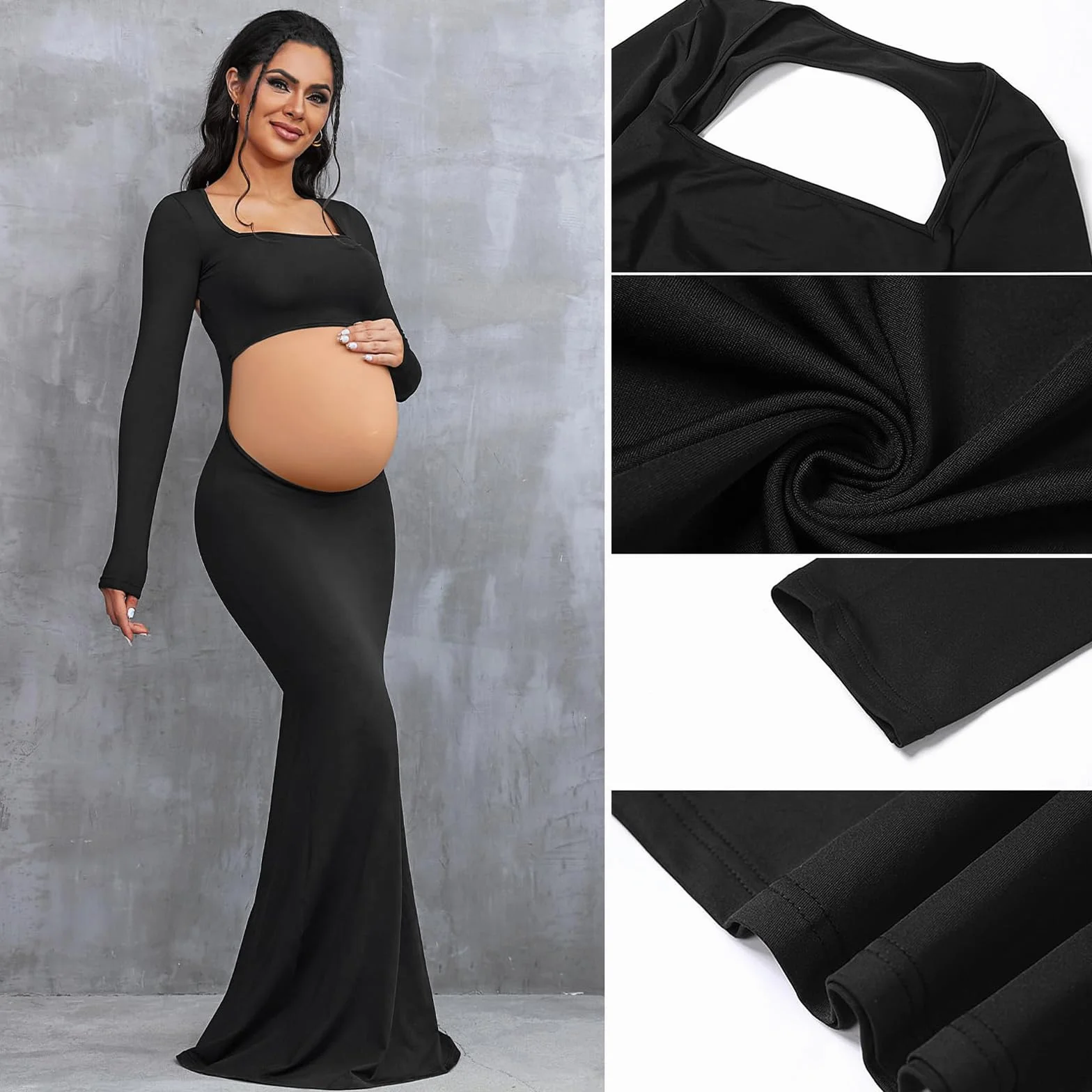 Vestido Largo de Maternidad Mujer para Fotografia Vestidos Premamá Falda Larga Manga Cuello Cuadrado Vestidos de Embarazo Shooting Foto sin Espalda Maxi Vestido de Fiesta