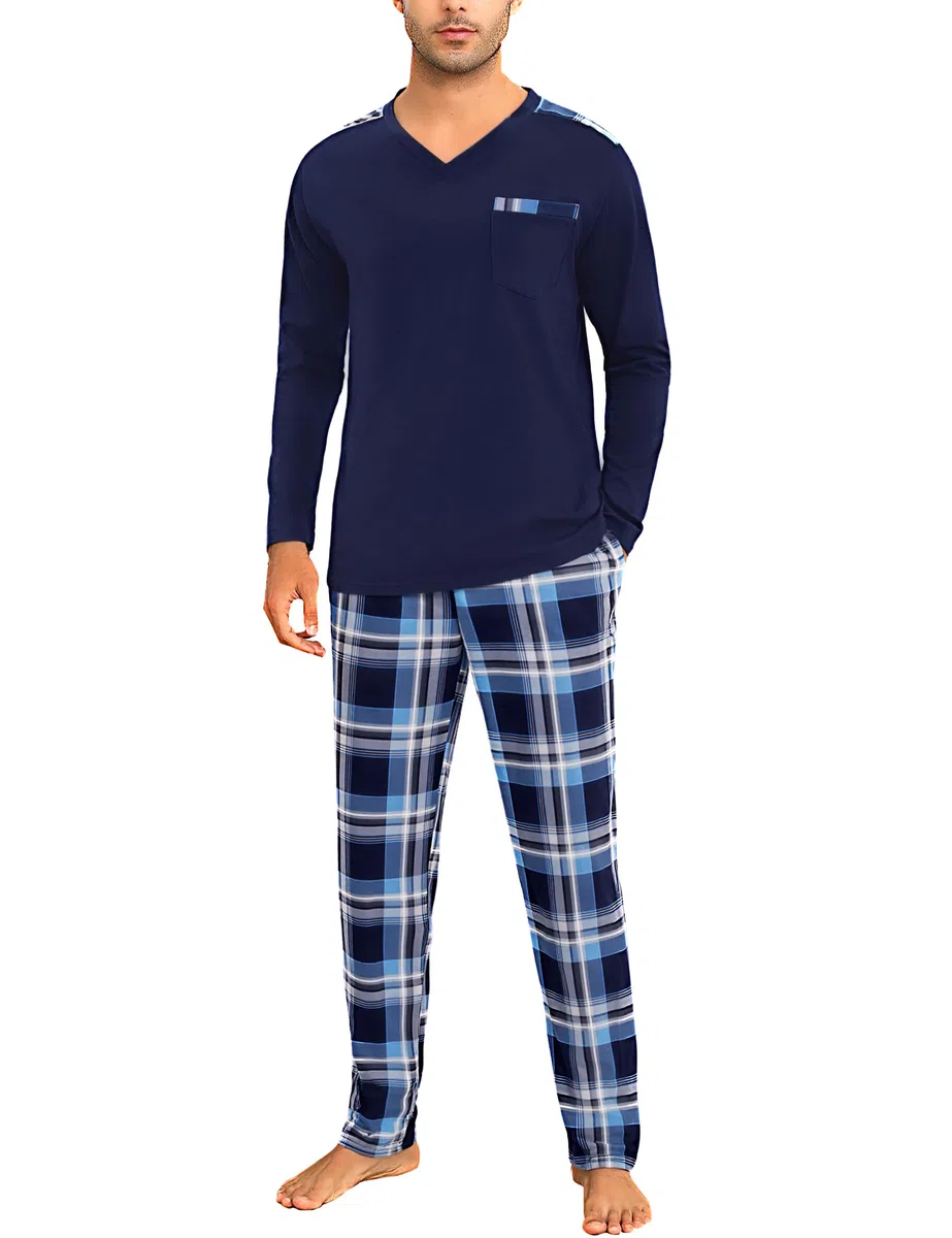 Litherday Pijama Hombre Invierno Algodón Conjunto de Pijama Hombre Manga Larga Camiseta con Bolsillos y Largo Pantalones de Pijama