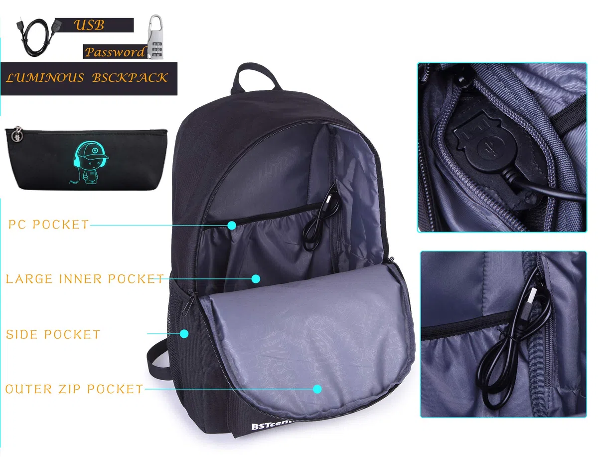 Mochilas Escolares Mochila Luminosa de Anime Carga USB Puerto Mochila Escolar Mochila con Estuche de Lápiz Luminoso Mochila para niñas niños Adolescentes Mochila