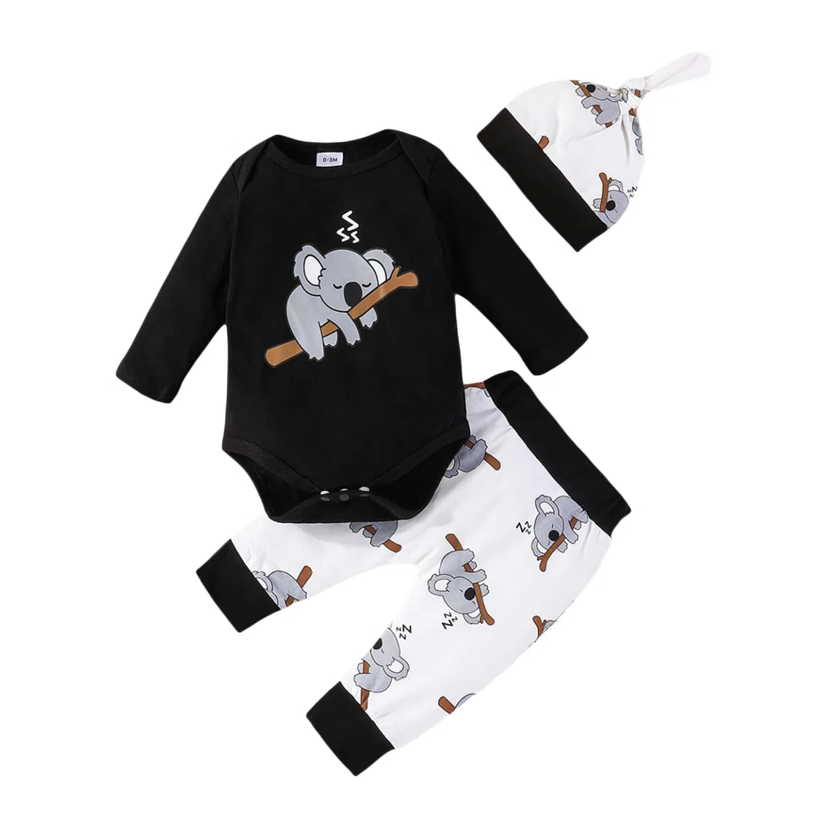 Geagodelia - Ropa de bebé recién nacido para niña con estampado de Koala Bear mameluco de manga larga y pantalón + gorro de 3 piezas, traje de primavera otoño