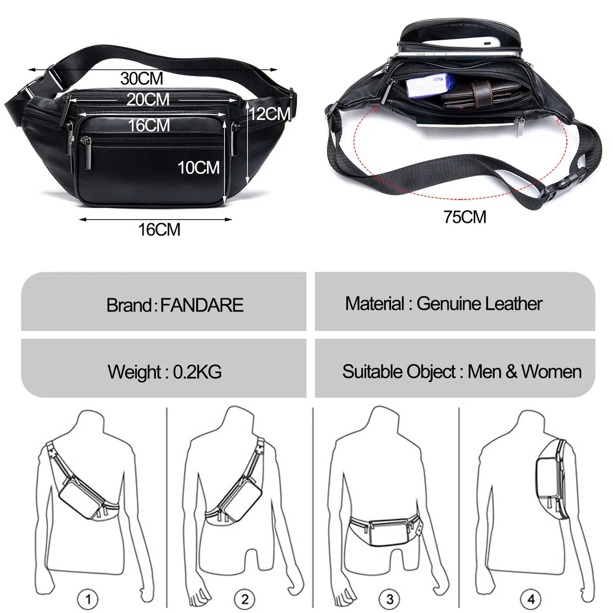FANDARE Riñonera Mujer Hombre Cuero Bolso Hombro Bolsa de Pecho Retro Bolsa Cruzada Bandolera Impermeable Bolsos Bandolera Excursionismo Bolsos Bandolera para Escolar Viaje Crossbody Bag Negro A