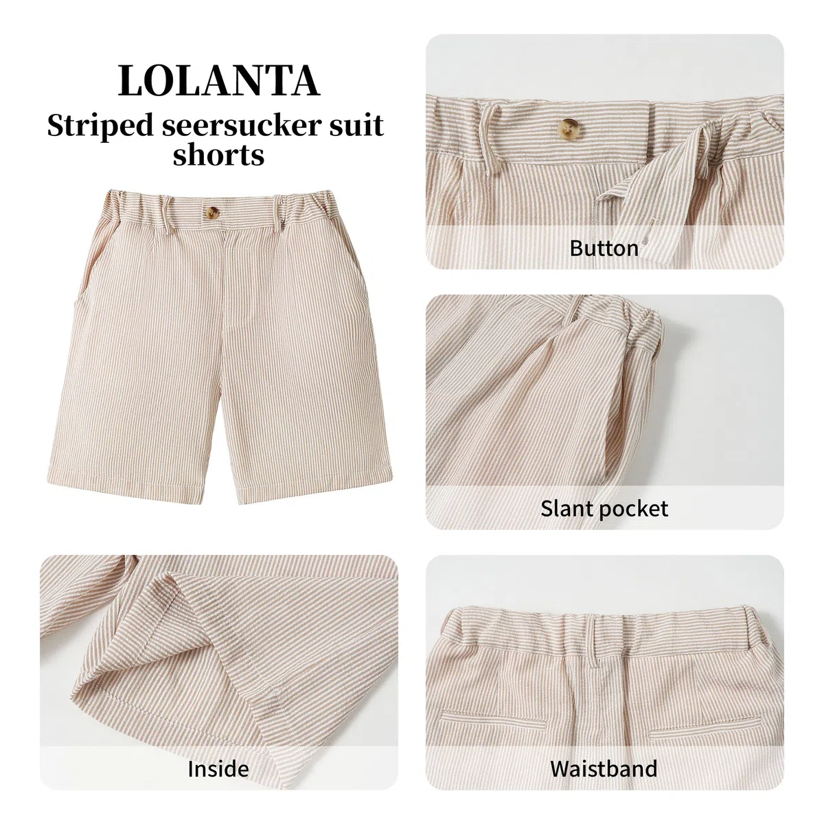 LOLANTA Pantalones Cortos de Seersucker Niños Shorts Elegantes y Ligeros de Mezcla de Algodón, Cintura Ajustable con Bolsillos para Playa, Bodas y Uso Diario