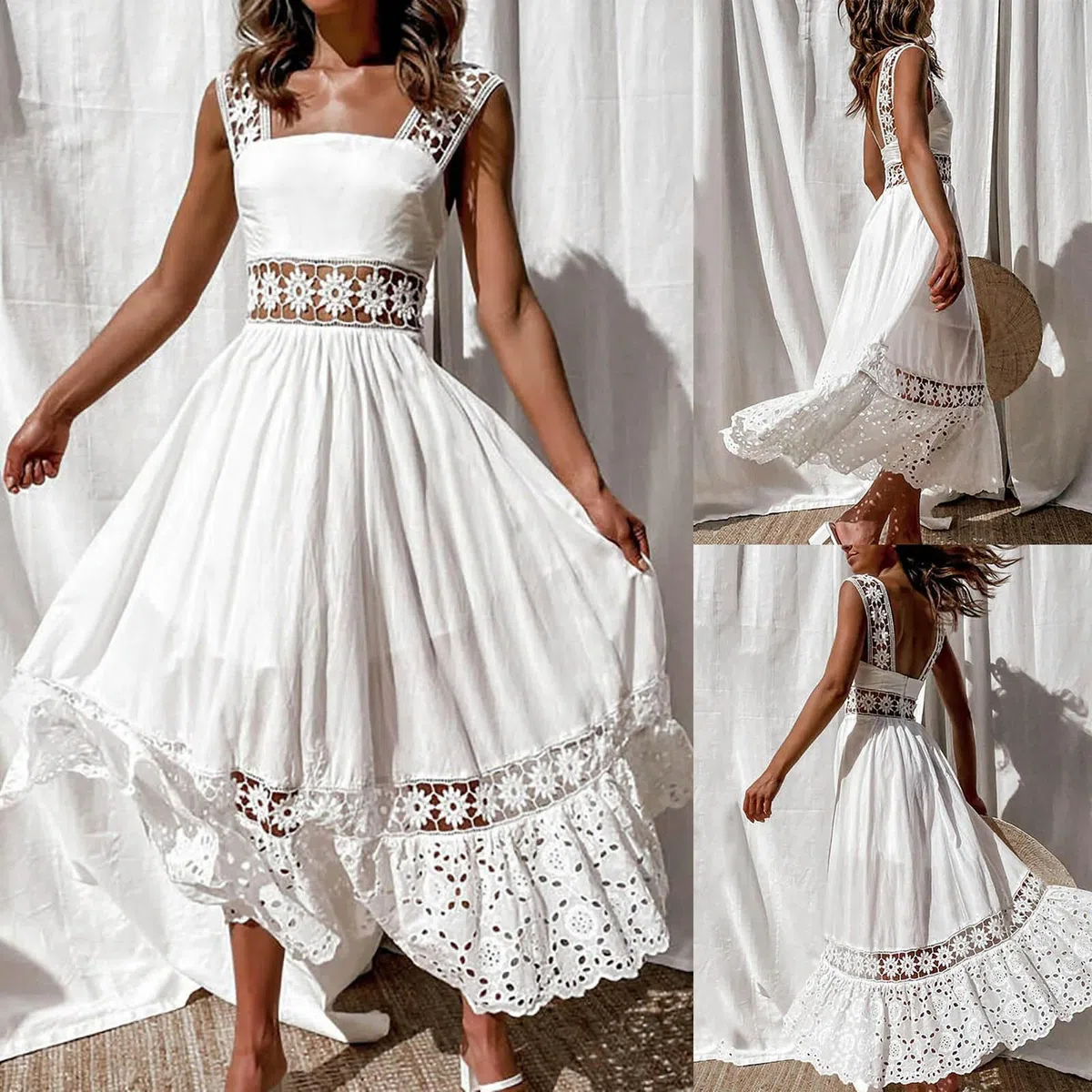 ARESU Vestidos Blancos Ahuecados De Ganchillo De Encaje Vestido Boho Informal De Vacaciones Sin Espalda para Mujer Vestido Maxi Suelto De Algodón para La Playa para Mujer-Blanco-S