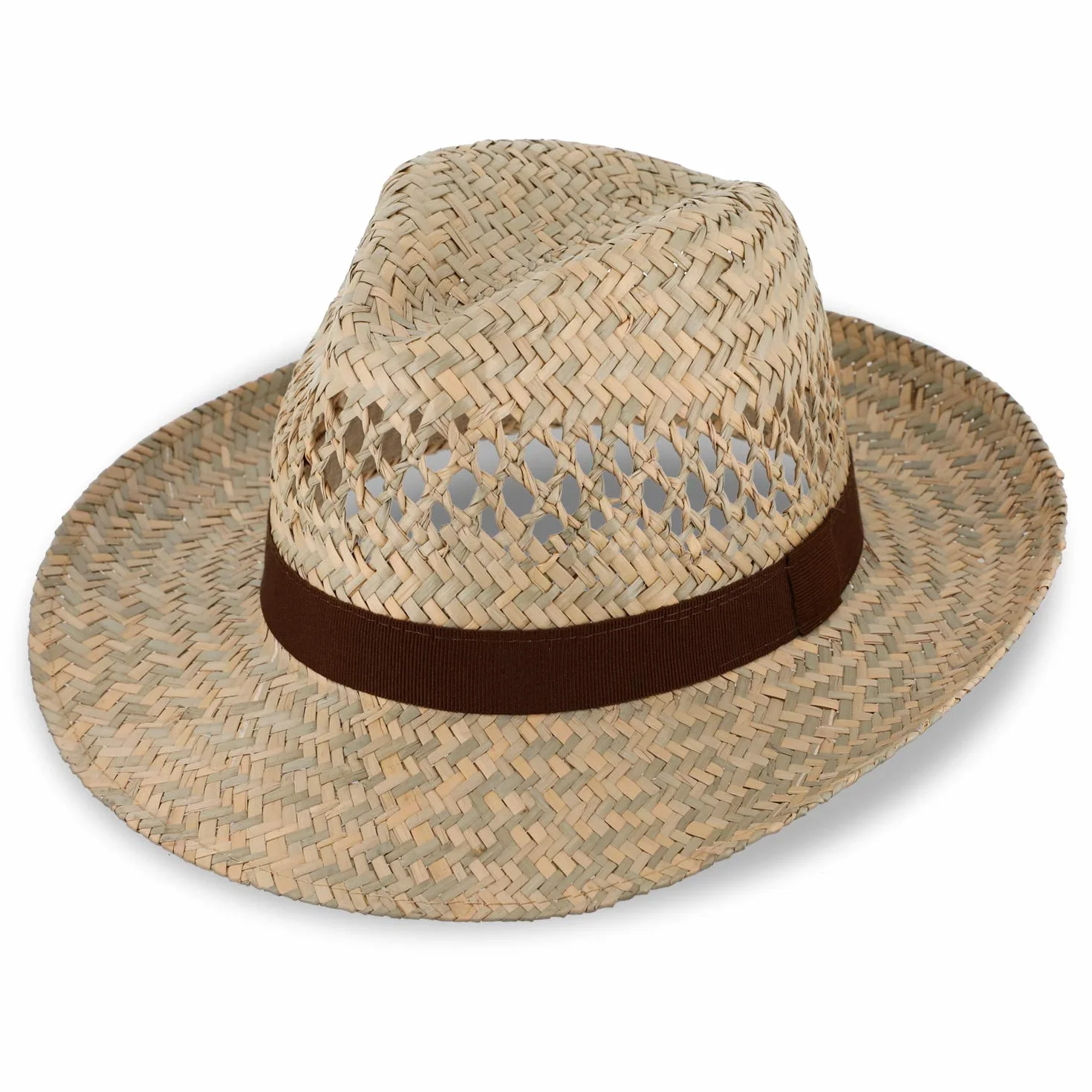 fiebig Sombrero de Fedora con Cinta marrón | Sombrero para el Sol para Hombre y Mujer | Sombrero Bogart en 100% Paja Sombrero de Verano con ala Ancha