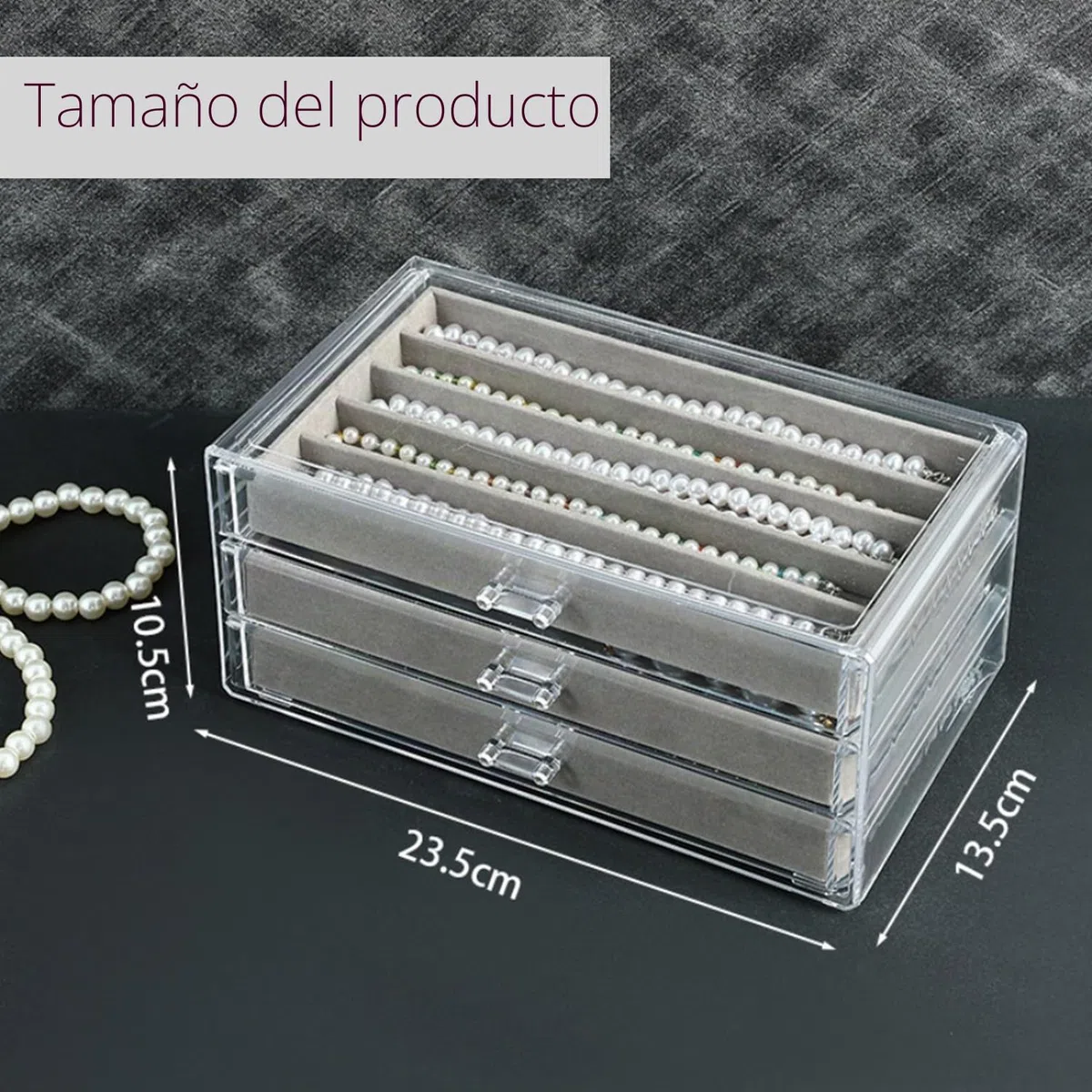 Caja de almacenamiento de collar, caja organizadora de acrílico con bandeja de terciopelo, soporte a prueba de polvo para mujeres y niñas (gris, 3 cajones)