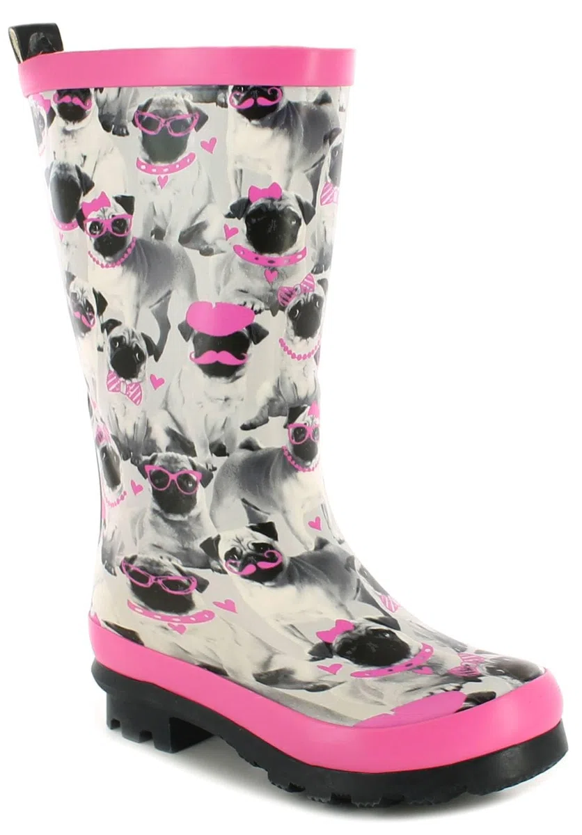 Nuevo niña/Infantil Gris/Rosa Lindo Cerdito Botas de Agua Estampadas - Gris Carlino Estampado - GB Tallas 1-13