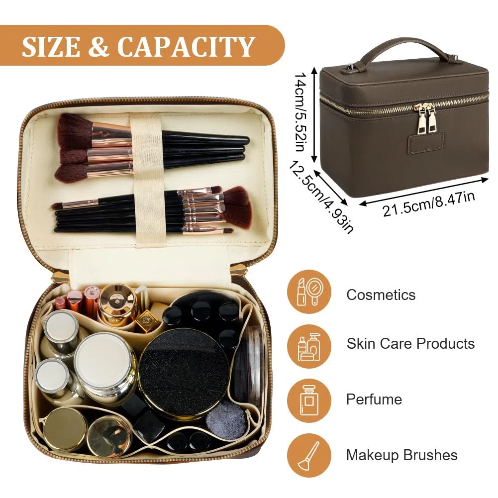Bolsa de Aseo Mujer Maquillaje, Bolsas de Cosméticos de PU, Bolsa de Lavado de Viaje, Organizador Grande para Maquillaje, Neceser Makeup Bag Multifuncional, Regalo Ideal para Mujeres, Café Claro