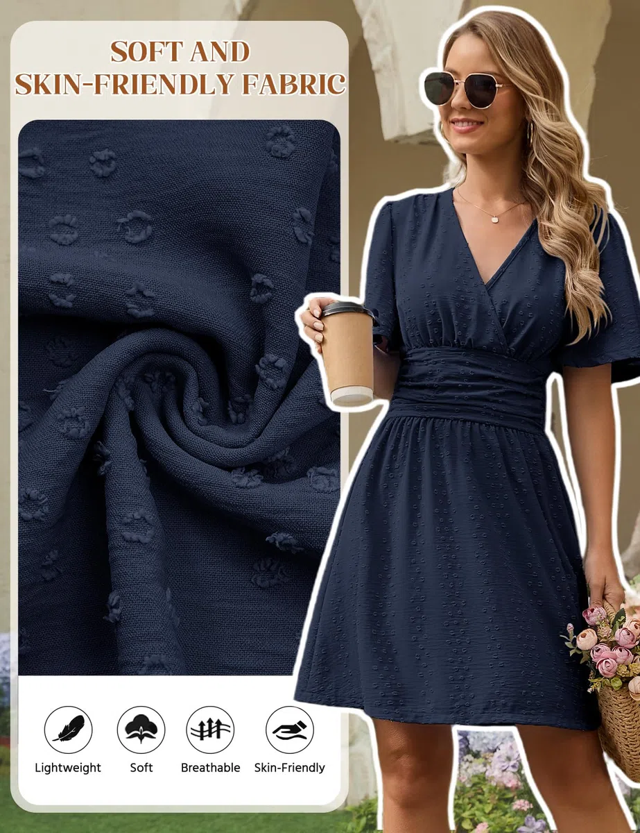HEEKPEK Vestidos Verano Mujer Manga Corta Cuello en V Vestido de Mujer Elegante Corto Dress de Mangas Mariposa Cintura Alta Elástica Mini Vestido Sueltos Casual