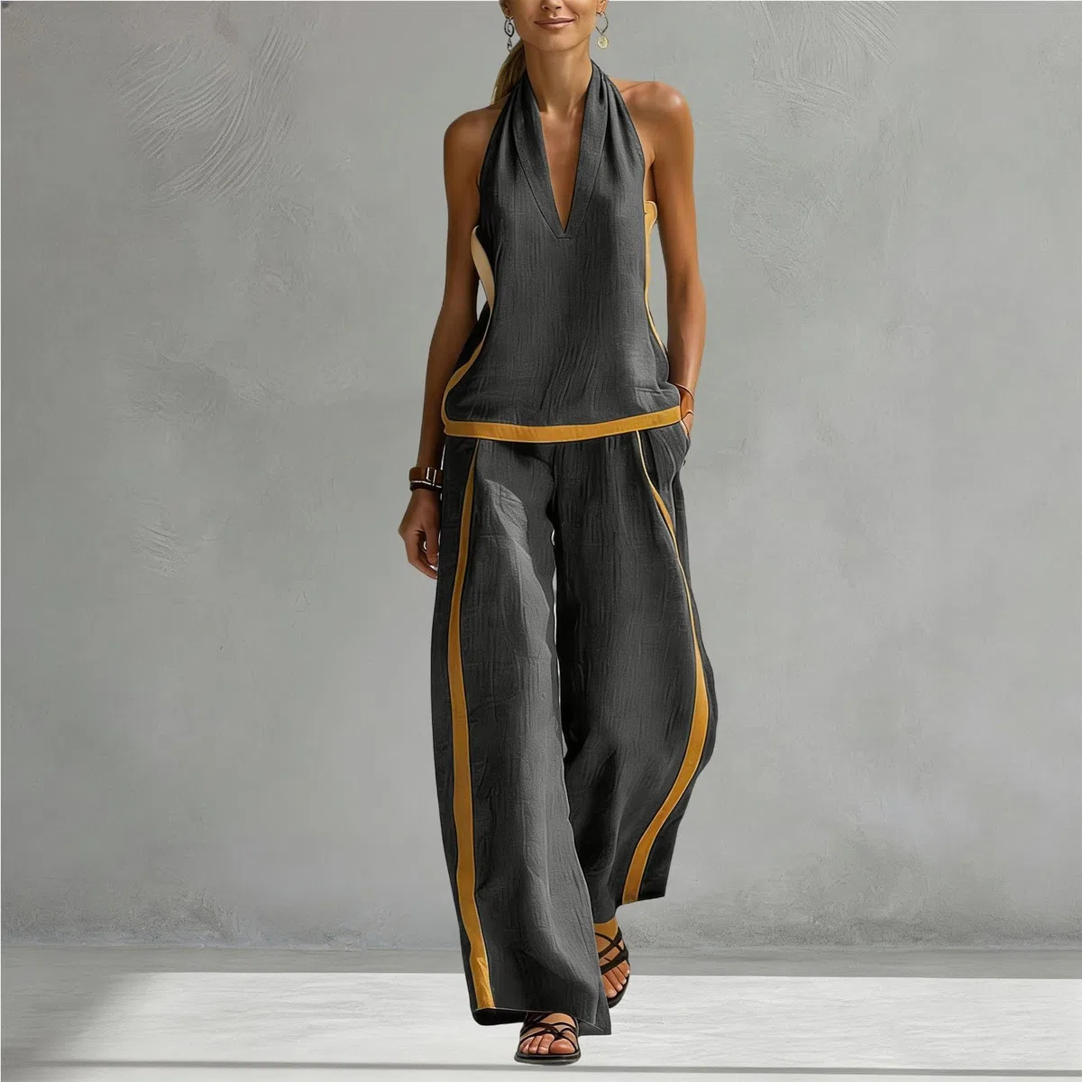 2026Conjunto Mujer Dos Piezas Casual Verano Elegante Lino Y Algodón Conjunto Moda Casual con Cuello en V Ligero y Transpirable Sin Mangas Top Pantalones Sueltos con Bolsillo para Vacaciones