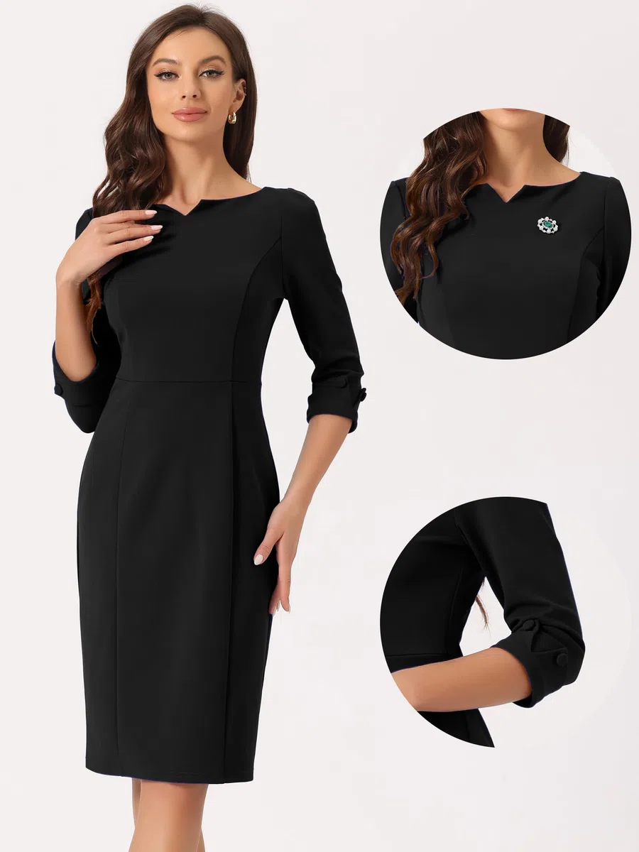 Allegra K Vestidos Midi para Mujer, Manga 3/4, Escote Corazón, Corte Ajustado, Vestido de Lápiz Oficina
