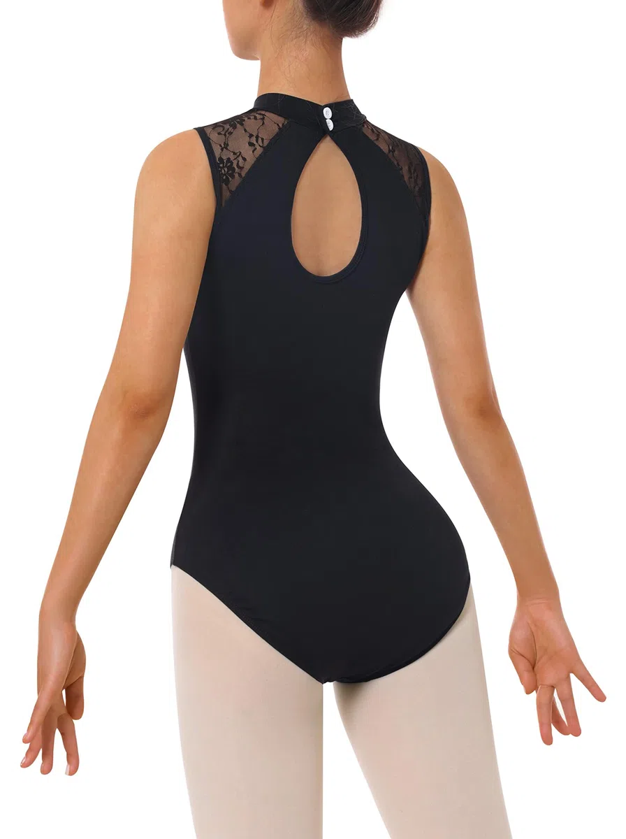 Maillot de Danza Gimnasia Leotardo Ballet Vestido para Mujer Manga Largay Sin Mangas Negro Encaje Leotardo Ballet Adulto Mallot de Danza (7030-06-M)
