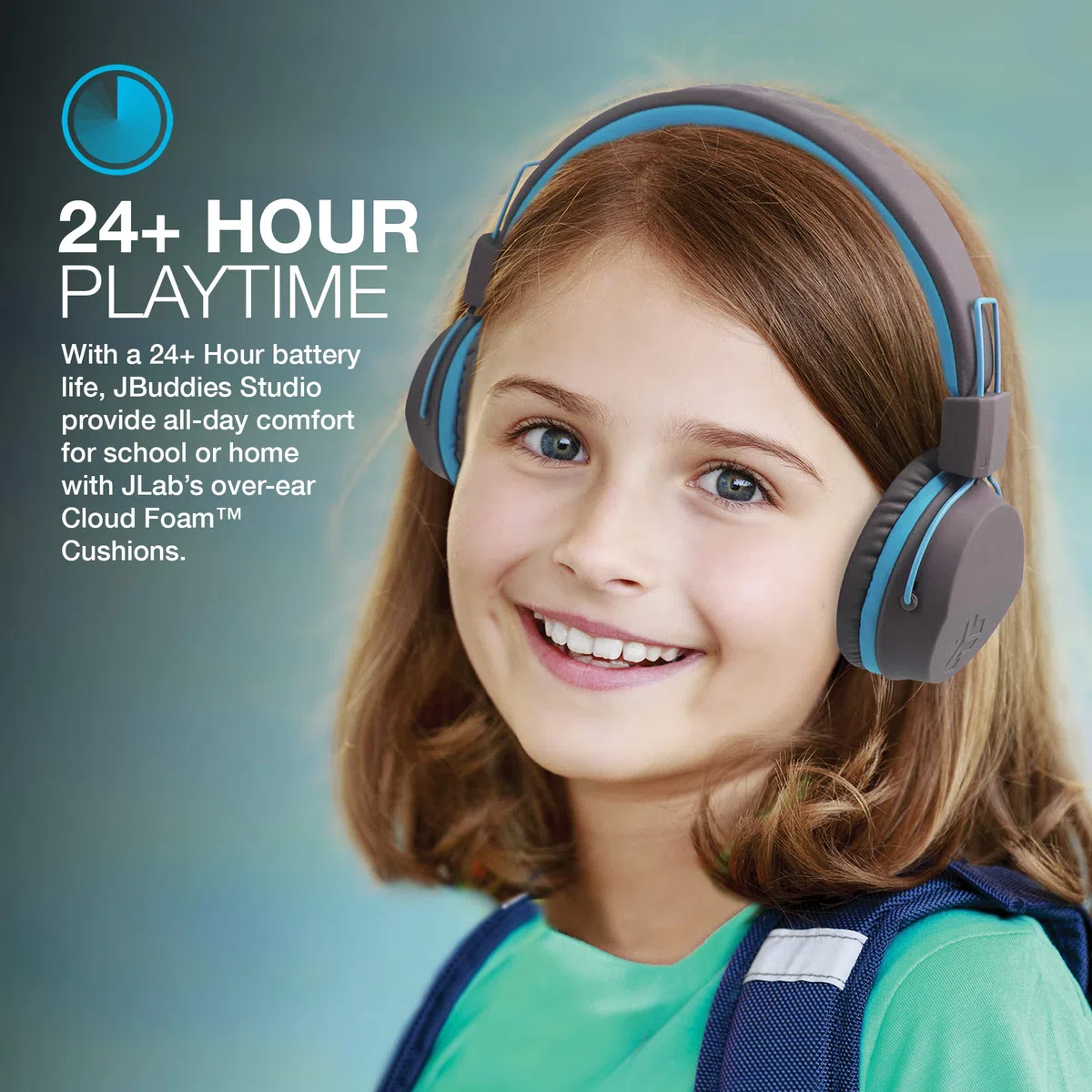 JLab JBuddies Studio - Auriculares Bluetooth para Niños con 24 Horas de Duración de la Batería, Over Ear Auriculares Niños con Kid Safe Limitador de Volumen y Micrófono (Azul)