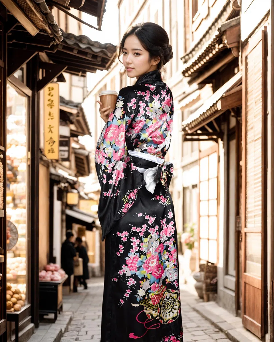 PLULON 5 uds bata japonesa Geisha Yukata vestido flor albornoz de satén con bolsa con cordón abanico de mano horquilla Tabi conjunto de calcetines