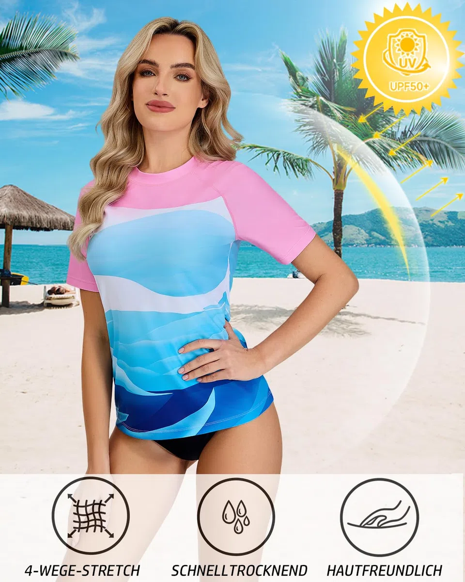 Camiseta UV de manga corta para mujer, UPF 50+, camiseta de natación Rash Guard de secado rápido para surf acuático S-XXL