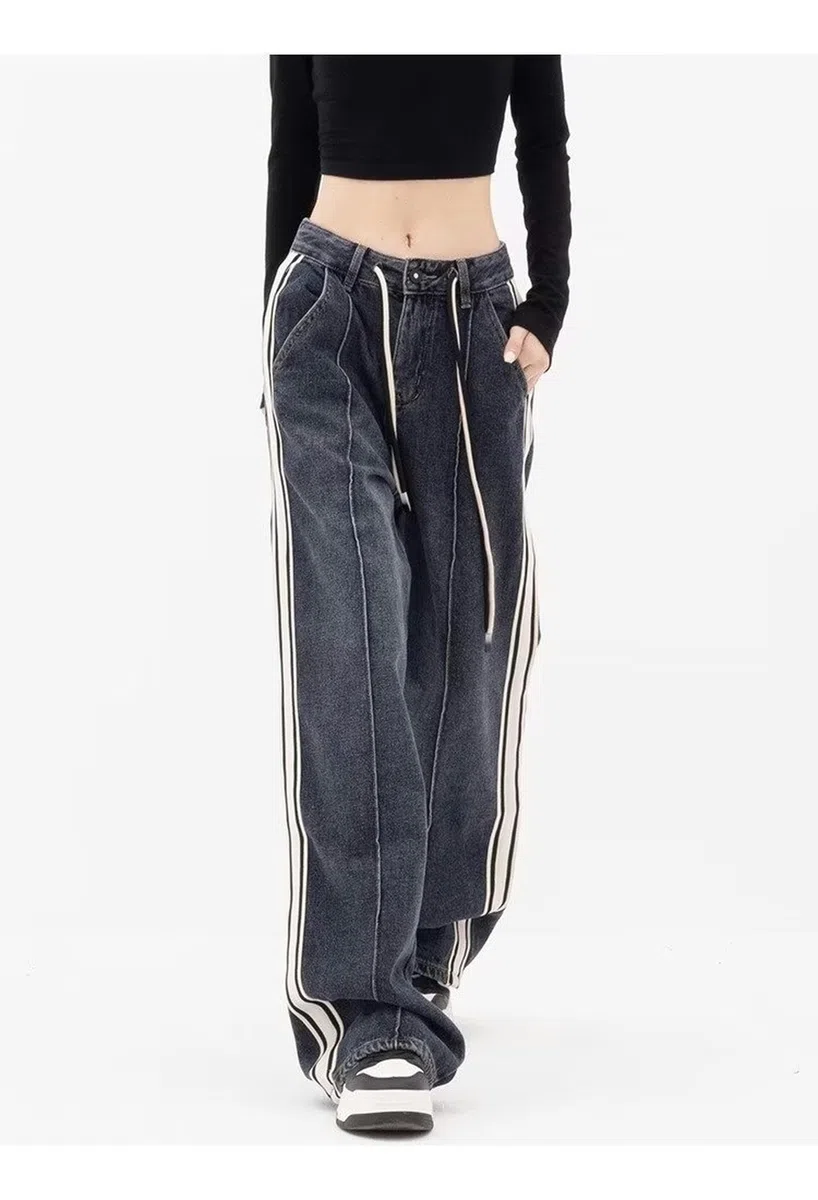Vaqueros Retro Rectos con cordón de Talla Grande para Mujer en Primavera y Verano para Pantalones Anchos de Pierna Ancha a Rayas, Rectos, Sueltos, Lavados Oscuros, de mm gordos-Azul Gris-M