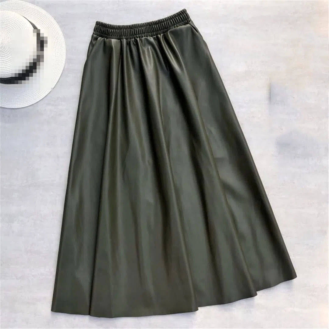 Faldas largas de Piel sintética para Mujer, con Bolsillos, Cintura elástica, Corte en A, Falda Acampanada (Beige, Talla única)