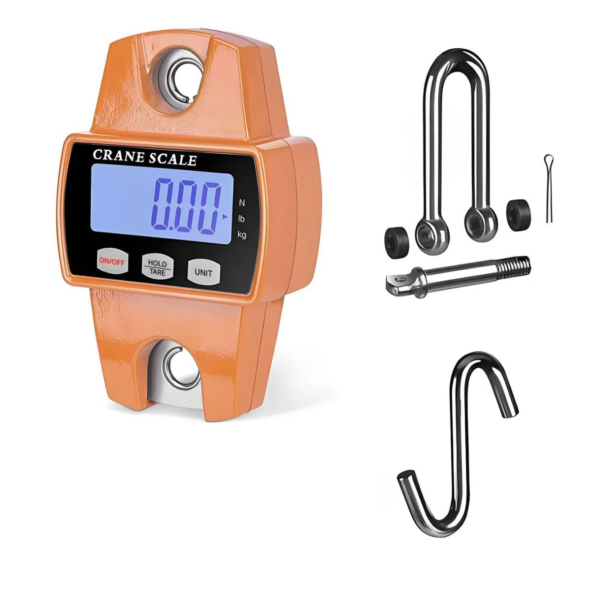 Qumox Báscula digital colgante de 660 libras con caja de aluminio fundido, mini báscula de mano de 300 kg con ganchos para granja, caza, pesca y uso al aire libre (naranja)